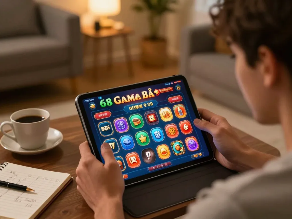 Player enjoying 68 Game Bài on tablet at home, showcasing online casino fun with strategic notes.