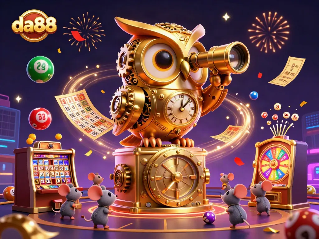da88 players enjoying a vibrant casino atmosphere with a golden owl overseeing the slot action.