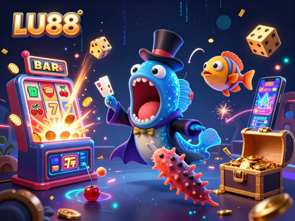 Experience the thrill of casino games with LU88’s vibrant 3D underwater scene showcasing exciting card tricks and jackpots.
