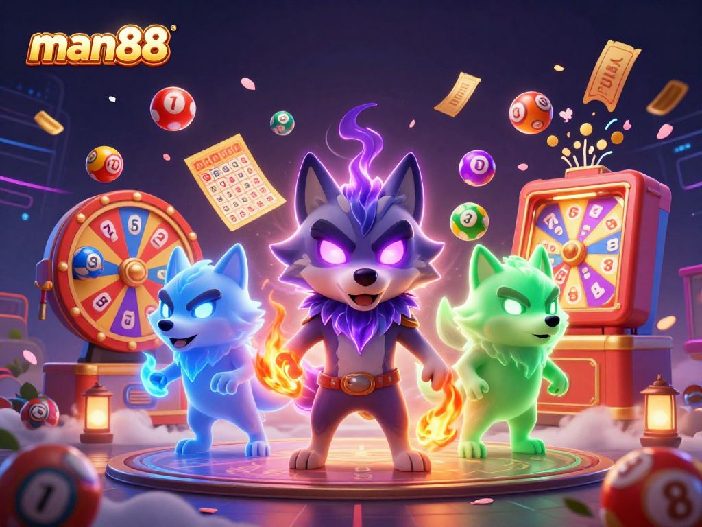 Experience man88's thrilling gambling atmosphere with colorful lottery elements and spectral wolf characters.