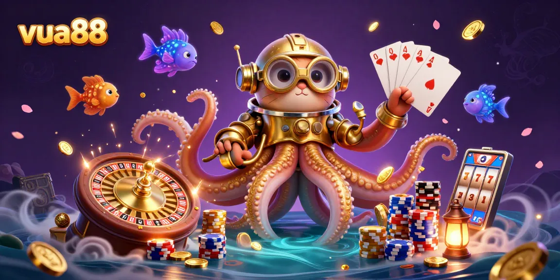 Experience the thrill of vua88 with a majestic kraken, spinning roulette, and sparkling treasures.