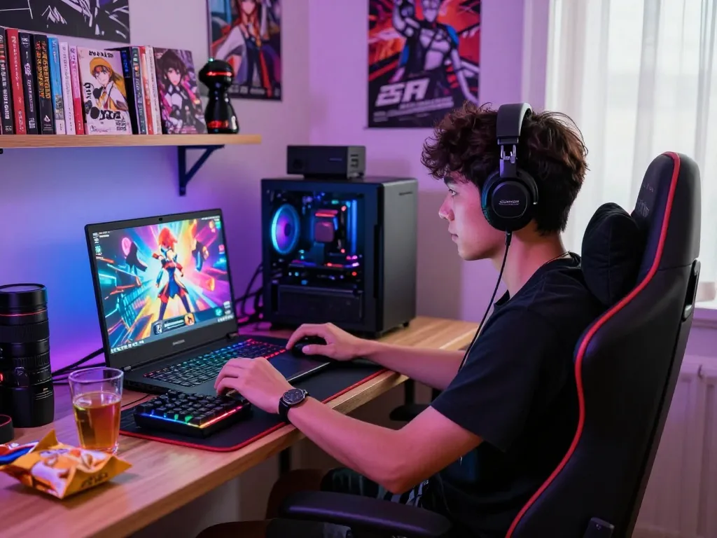 Gamer enjoying xxx games on a laptop in a vibrant, cozy room.