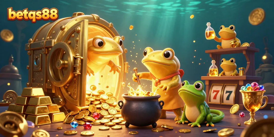 Experience jackpot thrills with betqs88 in a vibrant 3D illustration of gold coins and whimsical characters.