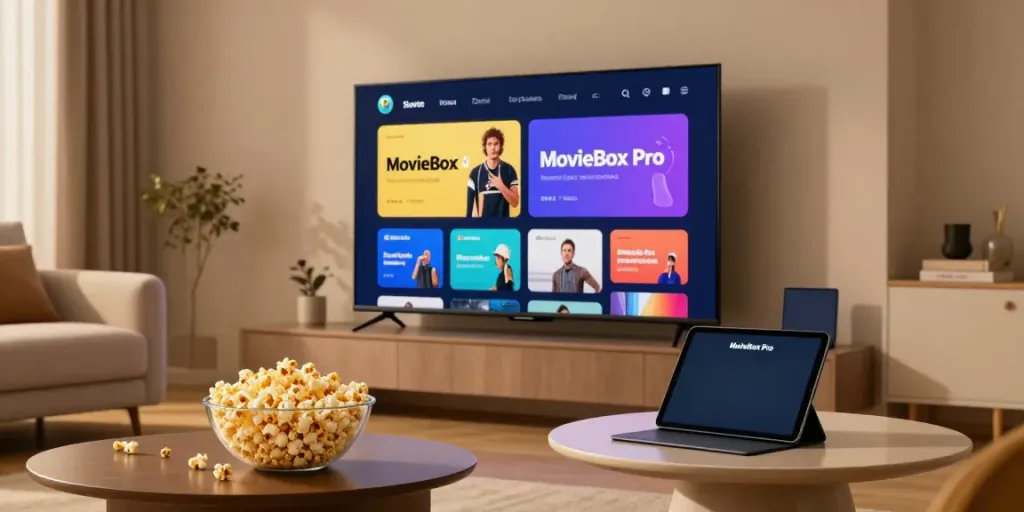 Enjoying family movie night with MovieBox Pro official site on smart TV in cozy living room.