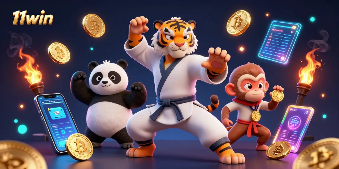 Engage with 11win's vibrant casino atmosphere through this dynamic illustration of a kung fu tiger master.
