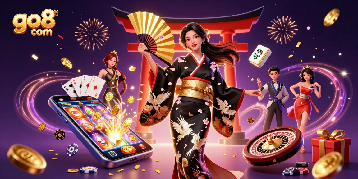 Experience the thrill of gaming at go8 com with vibrant characters, casino games, and festive atmosphere.