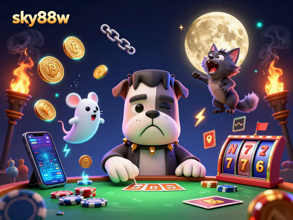 Engage in exciting games at sky88w with unique 3D casino characters and crypto-themed visuals.