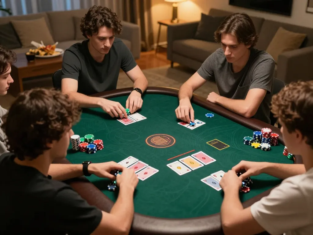 vin88 online poker game being played at home, showcasing colorful chips and cards.