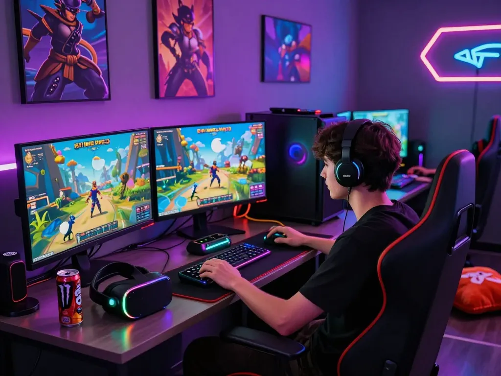 Engaged gamer playing an HTML porn game in a vibrant gaming lounge with colorful RGB lighting.