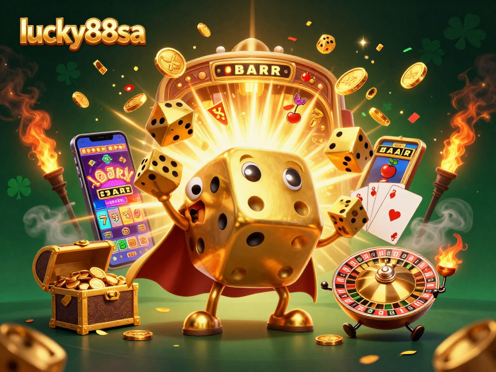 Experience the excitement of lucky88sa with a vibrant casino scene featuring animated characters, slot machines, and dynamic elements.