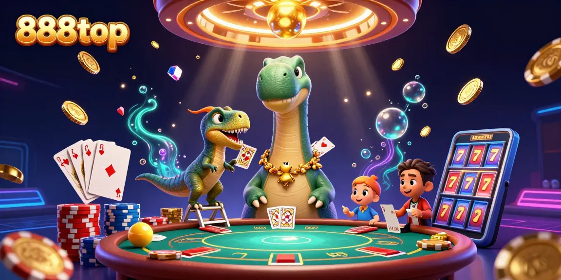 Experience thrilling gaming with 888top in this vibrant 3D casino scene filled with exciting elements.