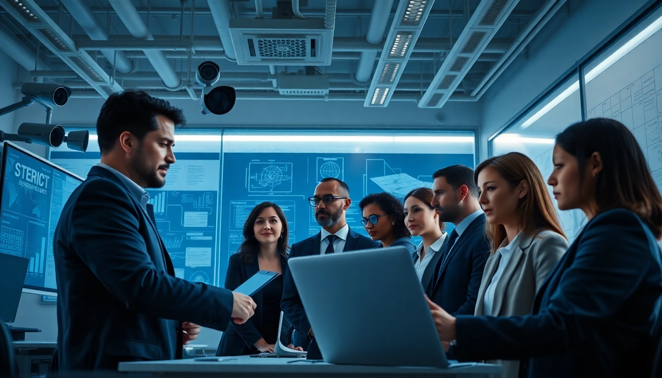 Security agency team collaborating on advanced surveillance strategies in a modern office.
