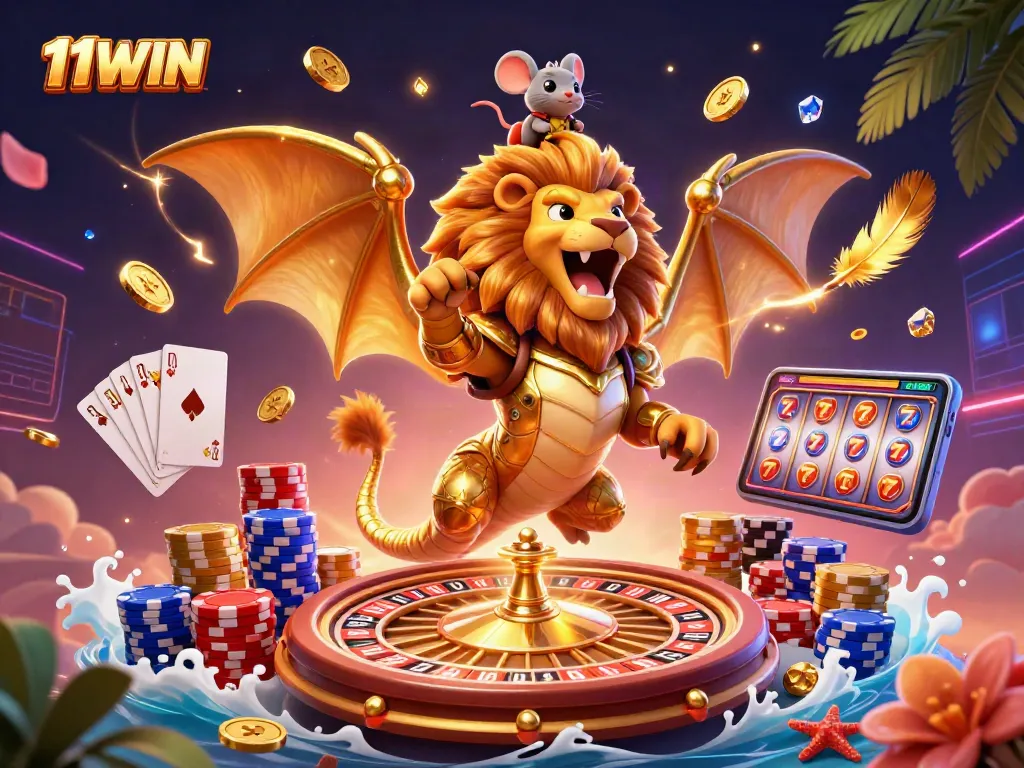 Experience thrilling action with 11WIN as the roaring chimera and mouse jockey celebrate casino wins.