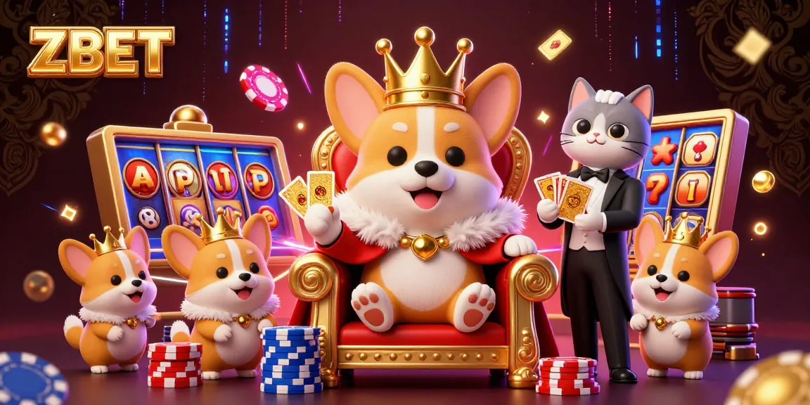 ZBET captivates players with a vibrant 3D scene of a royal corgi on a throne and a cat butler offering golden cards amidst a colorful casino.