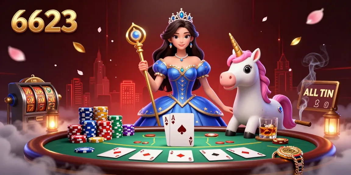 Engage with the vibrant action at 6623 casino with poker tables and colorful chips in a luxurious setting.