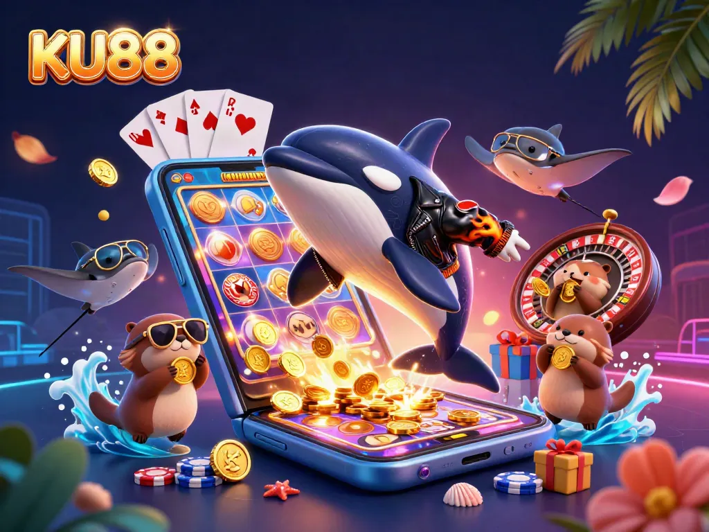 KU88 players enjoy dynamic slot games with colorful characters and golden coins in a fun casino setting.