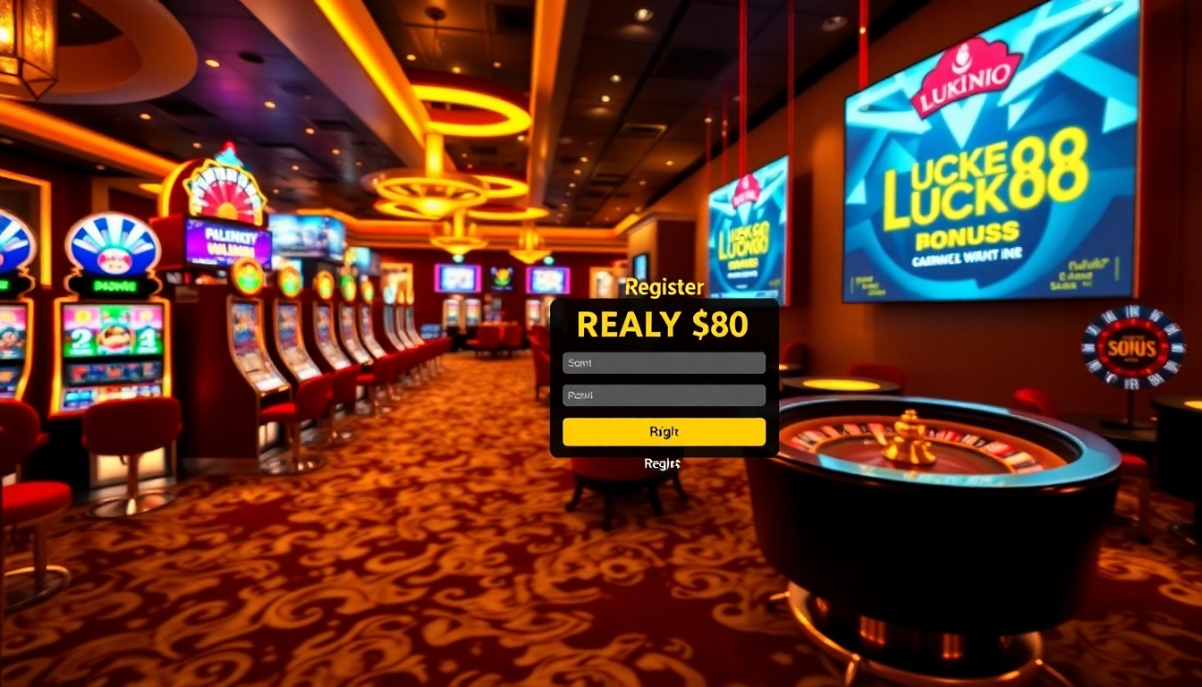 Register for Lucky88 online casino with vibrant slot machines and poker tables.