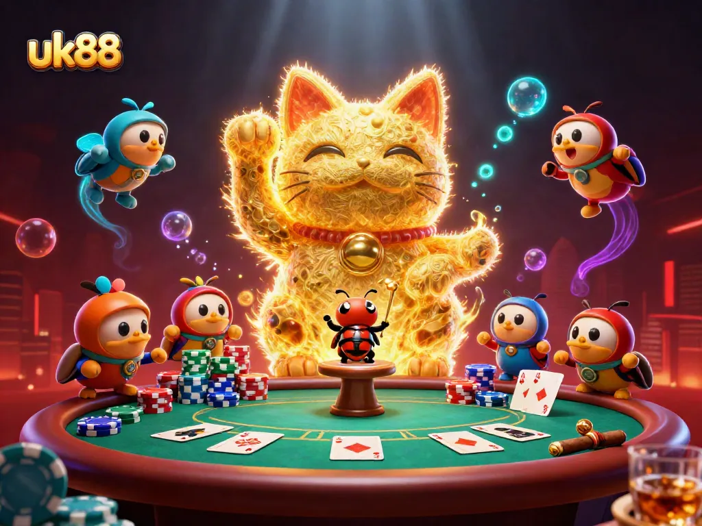 uk88 brings luck with a vibrant lucky cat formed by golden fireflies amid casino excitement.