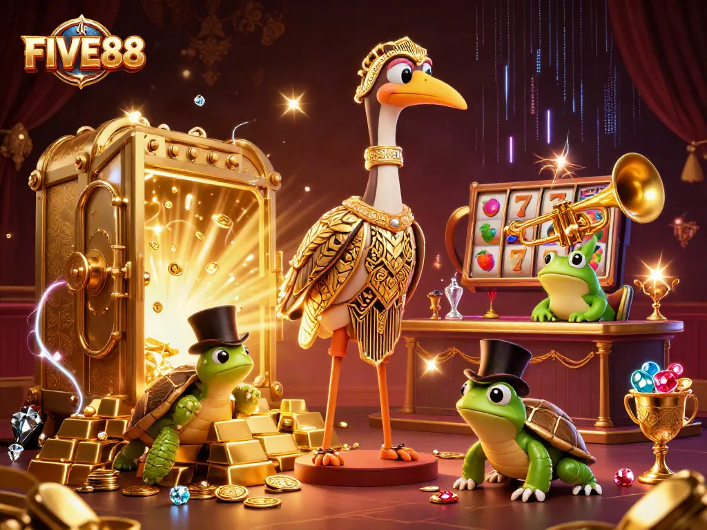 Experience excitement with FIVE88 at a lavish 3D casino scene filled with treasures and games.