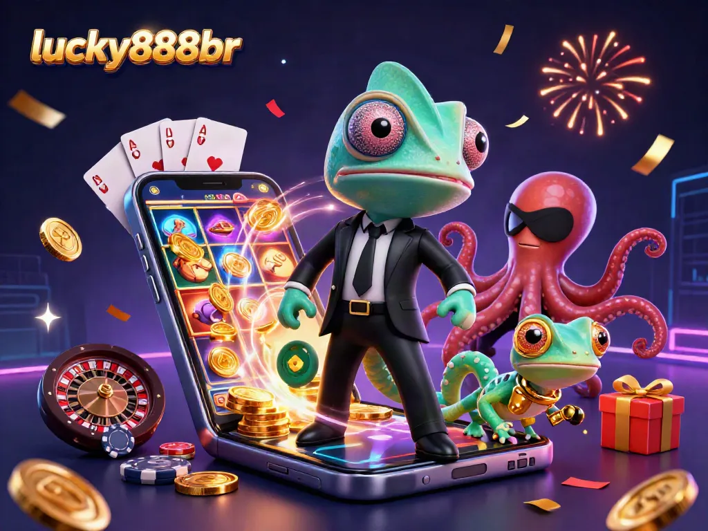 Immerse in the lively world of lucky888br as a colorful cartoon illustration showcases gaming excitement with vibrant characters and rich casino elements.