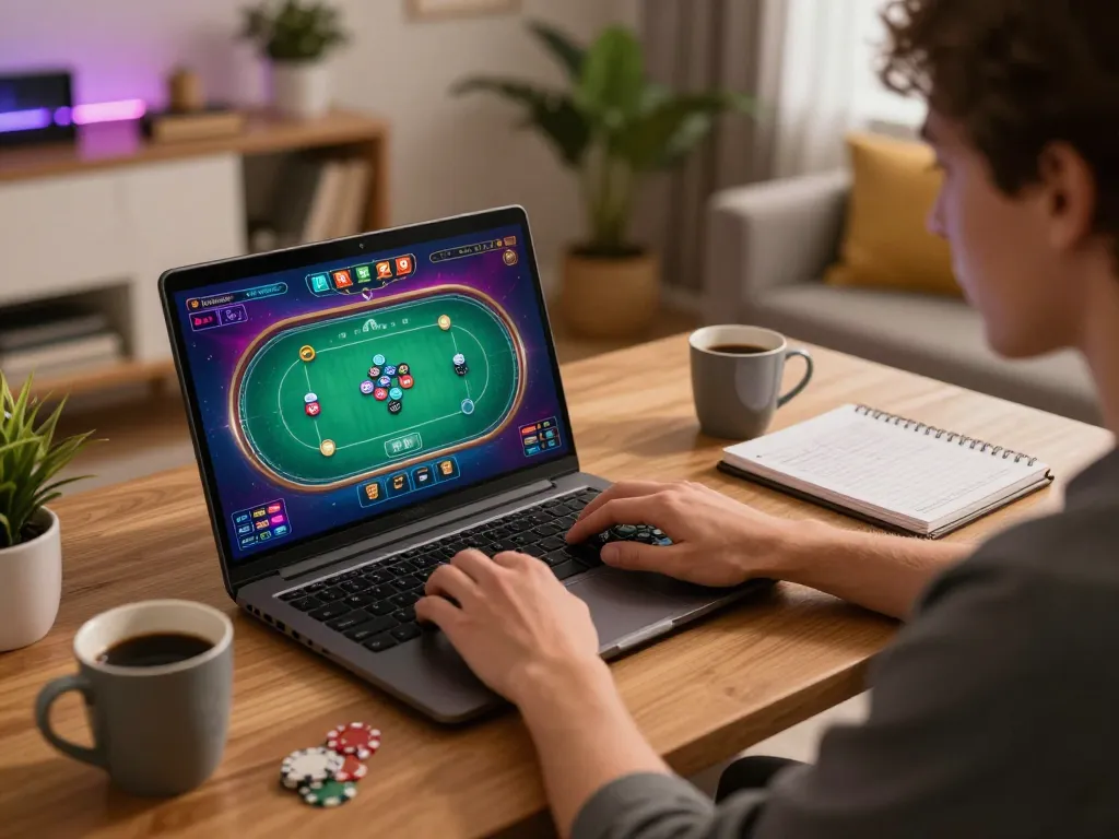LU88 player engaging in strategic online poker gameplay from a stylish home setup.