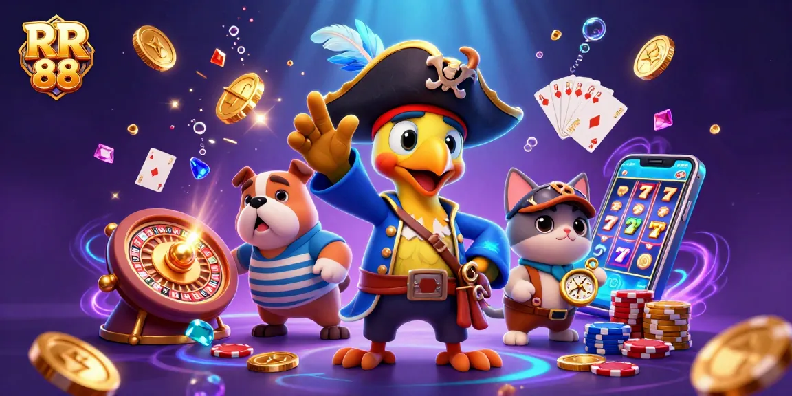 Experience the thrill of RR 88 with cascading treasures and vibrant characters in an engaging casino illustration.