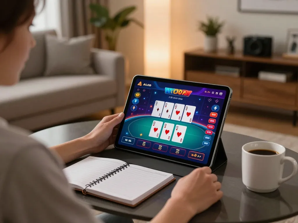 Engaged player enjoying ALO8 VIP online casino games on tablet in stylish home setting