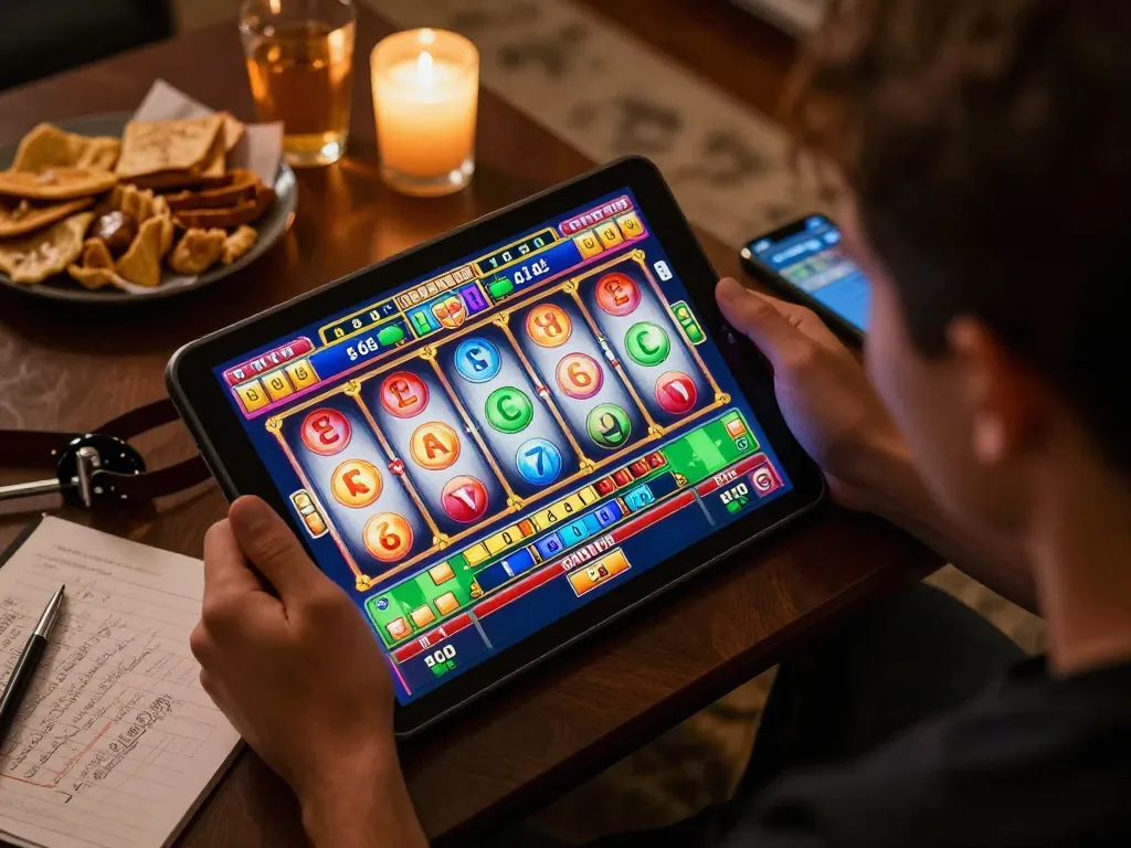Engaged player enjoying slot games on new88blog tablet in cozy home setting.