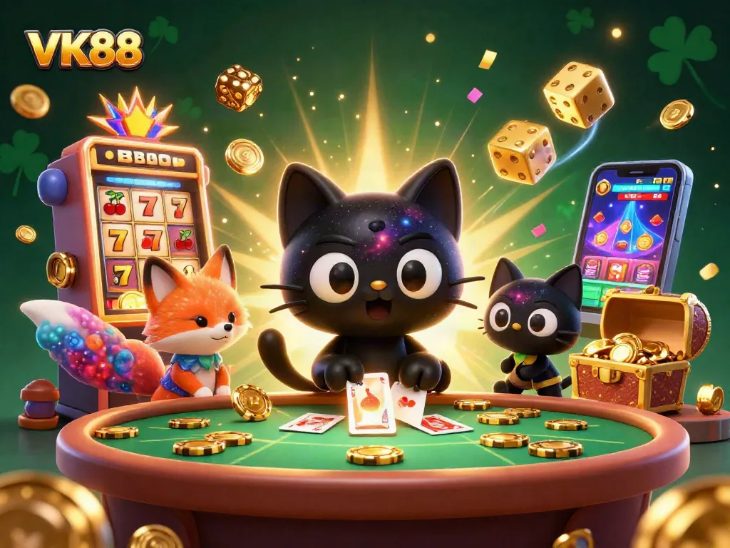 Engage with VK88 at a vibrant cosmic casino, featuring a playful galaxy cat and cheerful nebula fox.