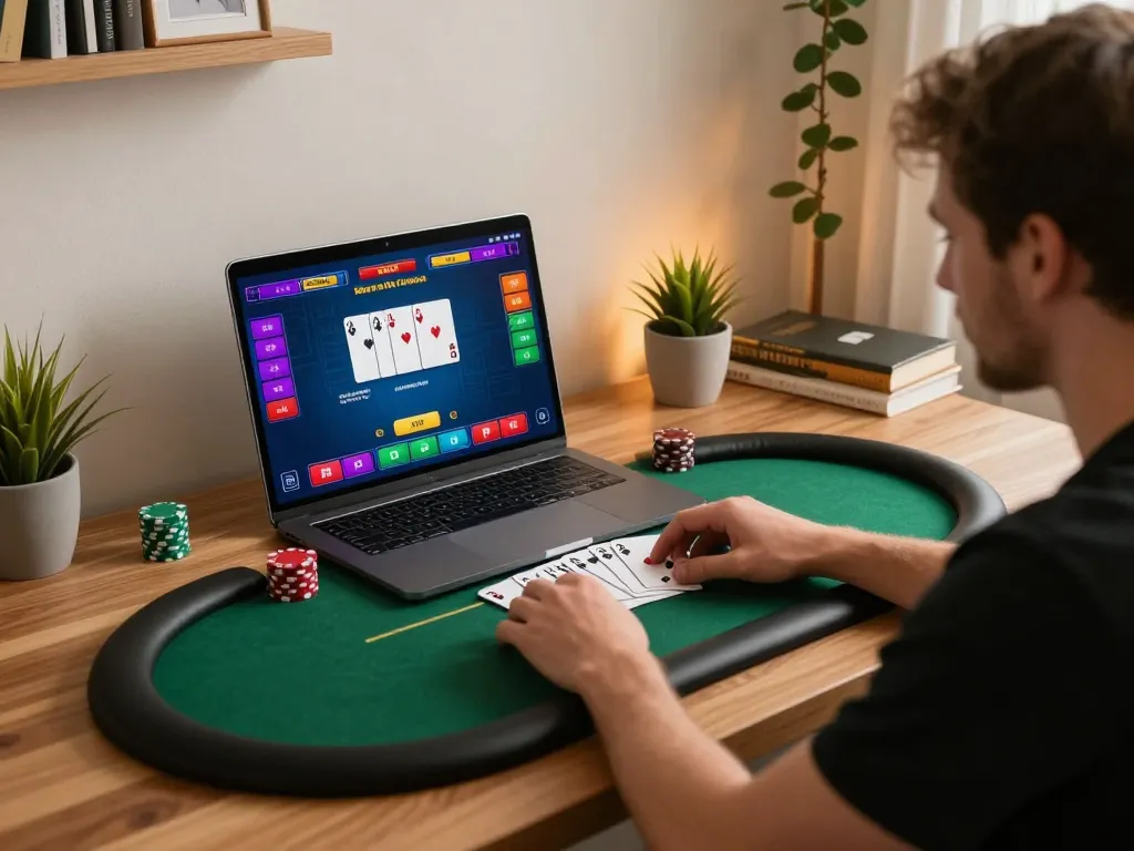 Player enjoying online poker on a laptop in a cozy space, engaging with xx 88 gaming