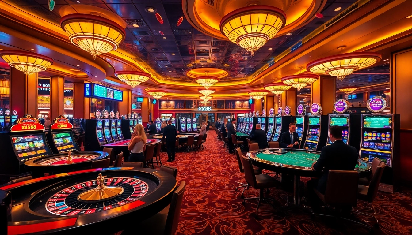 Players enjoy thrilling games at XX88, showcasing roulette wheels and slot machines in a vibrant casino atmosphere.