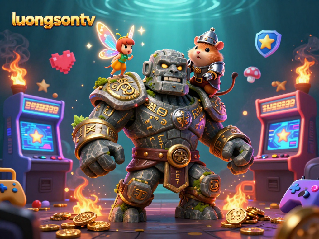 Engage with luongsontv's vibrant gaming adventure featuring a magical golem and knight in a rich casino environment.