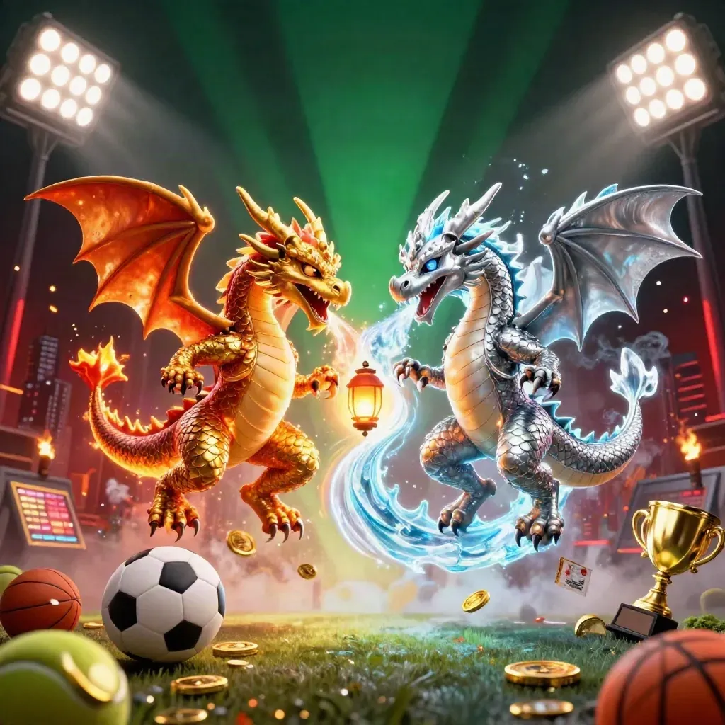 Gold and silver dragons in fiery-icy yin-yang flight with sports balls and casino glow