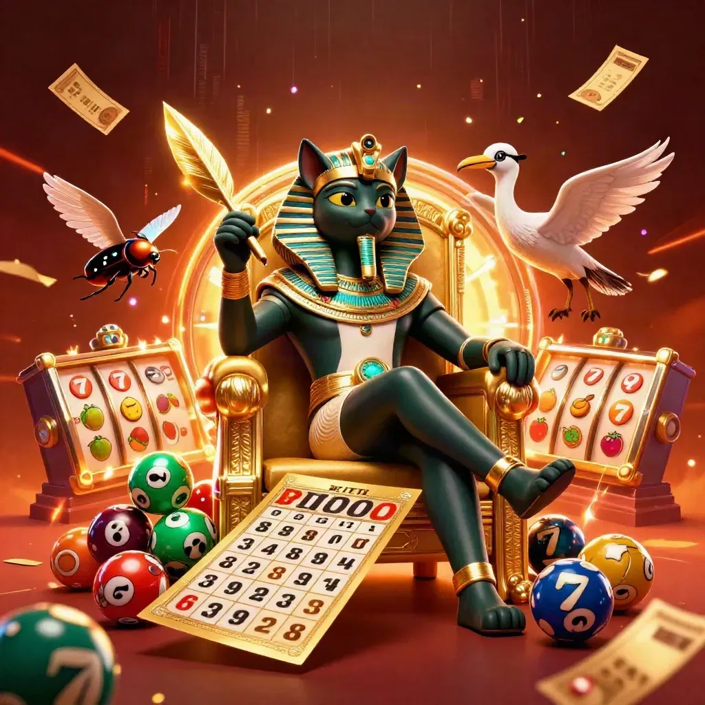 Pharaoh cat on throne with ibis, scarabs, jackpot game pieces, and glowing casino effects.