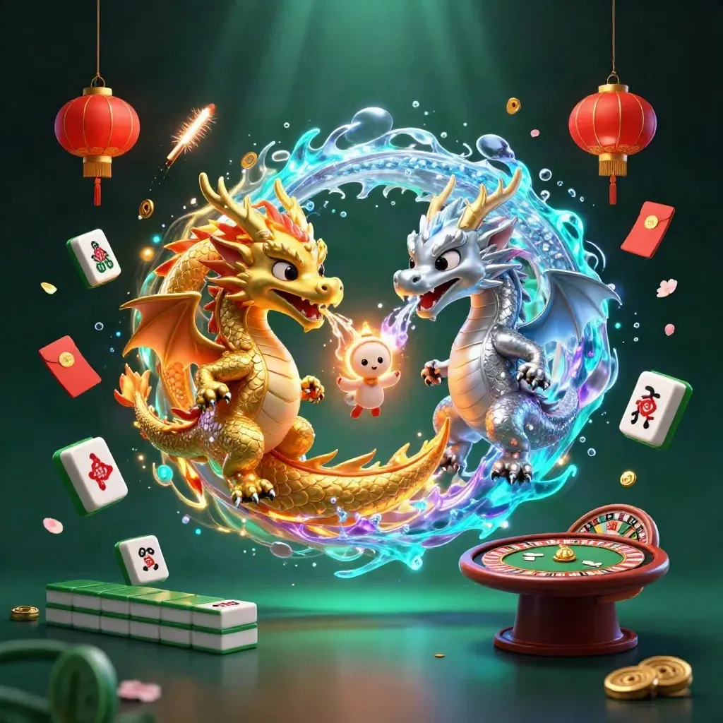 Gold and silver dragons spiral around a lantern spirit with casino symbols and glowing effects