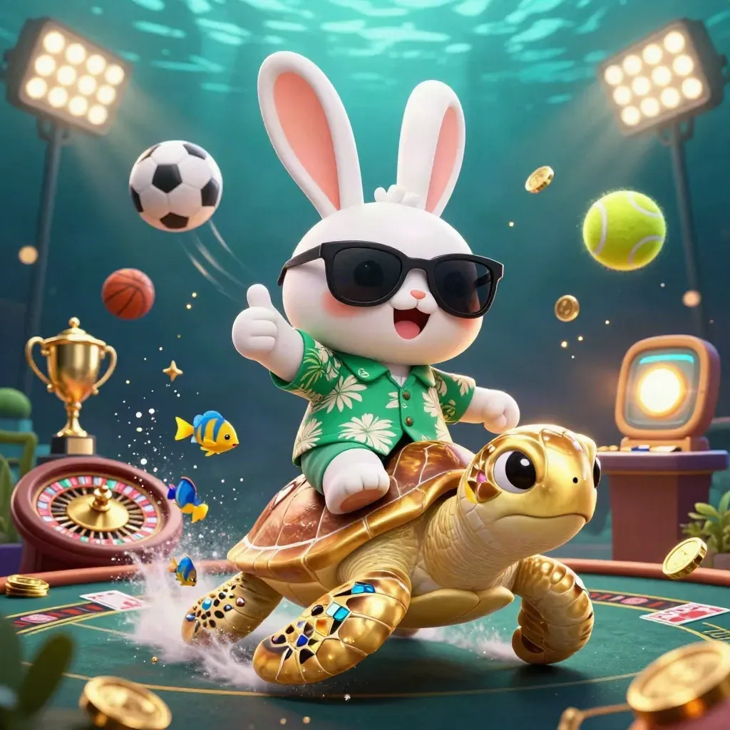 Lucky rabbit rides a golden turtle amid casino game icons, coins, and underwater glow.