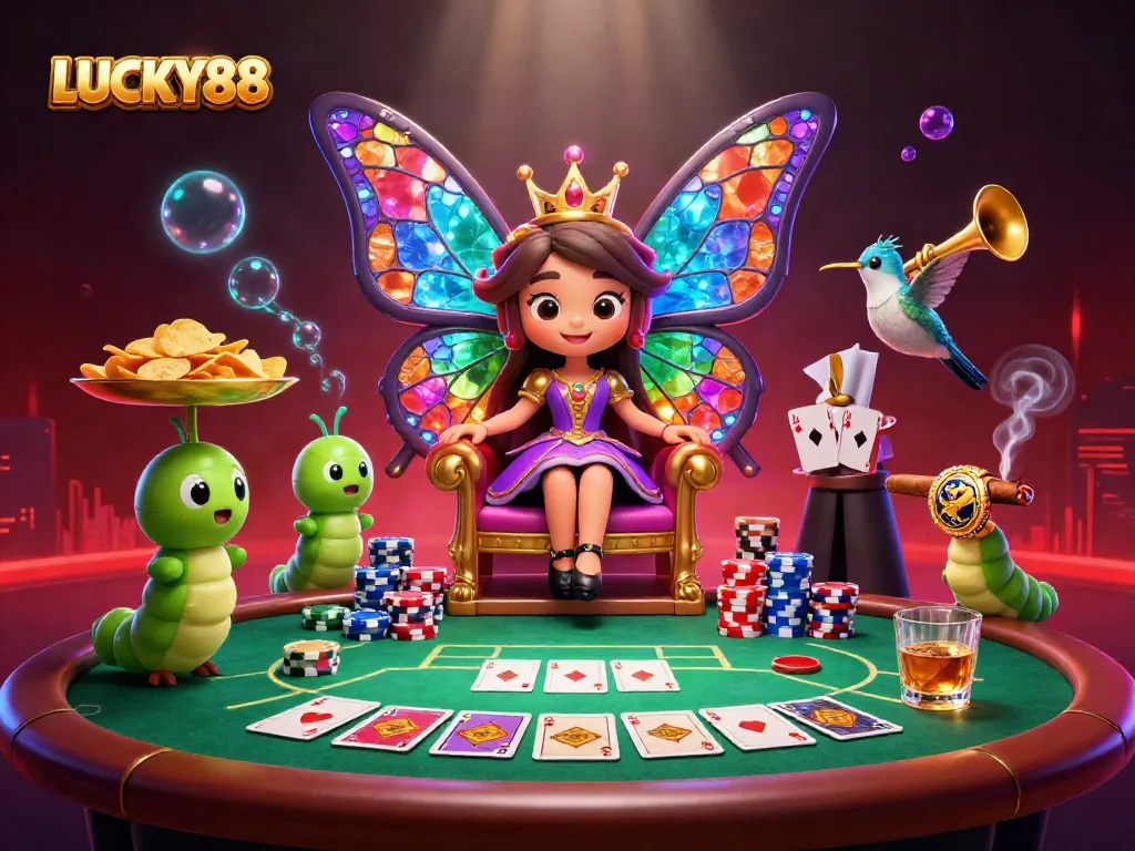 Win big at LUCKY88 with this vibrant illustration showcasing poker excitement and royal gameplay.