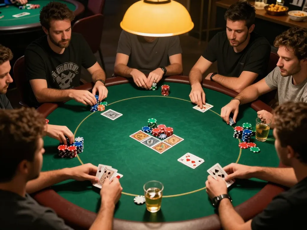 Friends enjoying a poker night at home while using https://9bet9.in.net for betting insights.