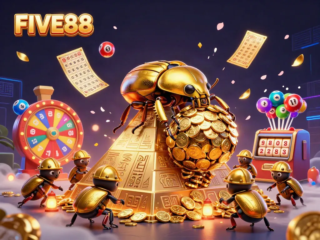 Experience the vibrant action at FIVE88 as golden beetles roll wealth in a dynamic casino-inspired scene.