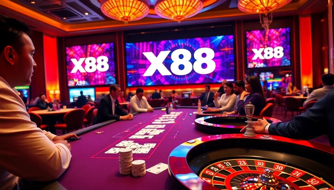 Engage in a thrilling poker game at X88's lavish casino, showcasing chips and cards in action.
