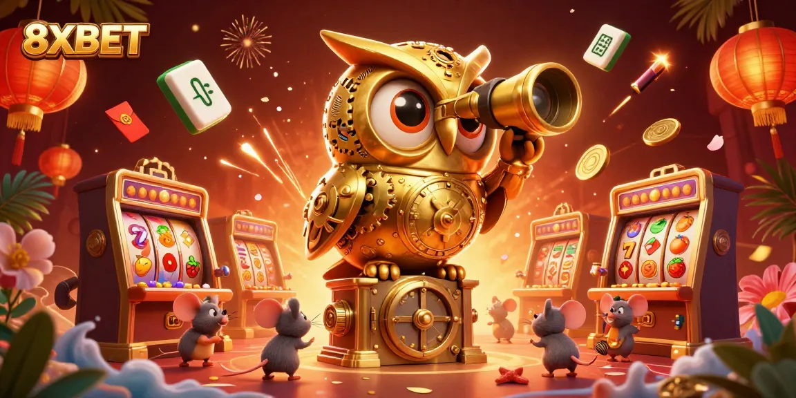 Experience the thrills of 8XBET with a 3D cartoon illustration of an owl scanning vibrant slot machines.