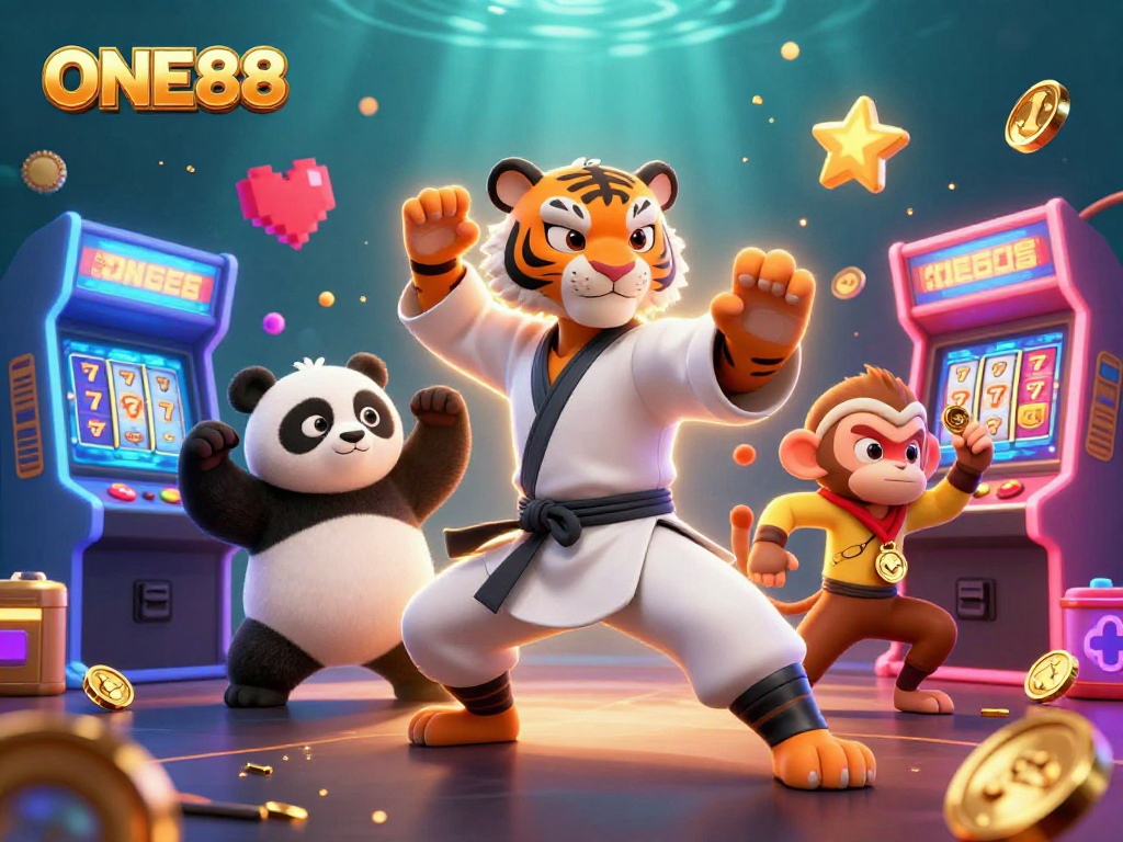 Experience thrilling gaming at ONE88 with vibrant characters and casino elements in this dynamic illustration.