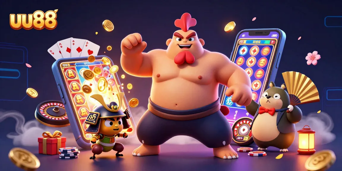 uu88 showcases thrilling gameplay with a dynamic illustration of a colorful casino scene featuring coins and slot games.