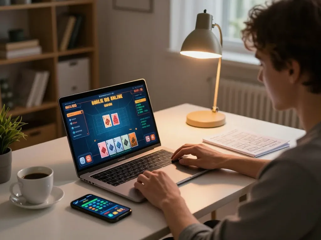 Miso 88 player engaging in online casino gaming on laptop in cozy home setting with warm lighting.