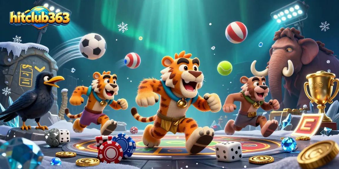 hitclub363 showcases a lively prehistoric casino scene with colorful 3D characters and gaming elements