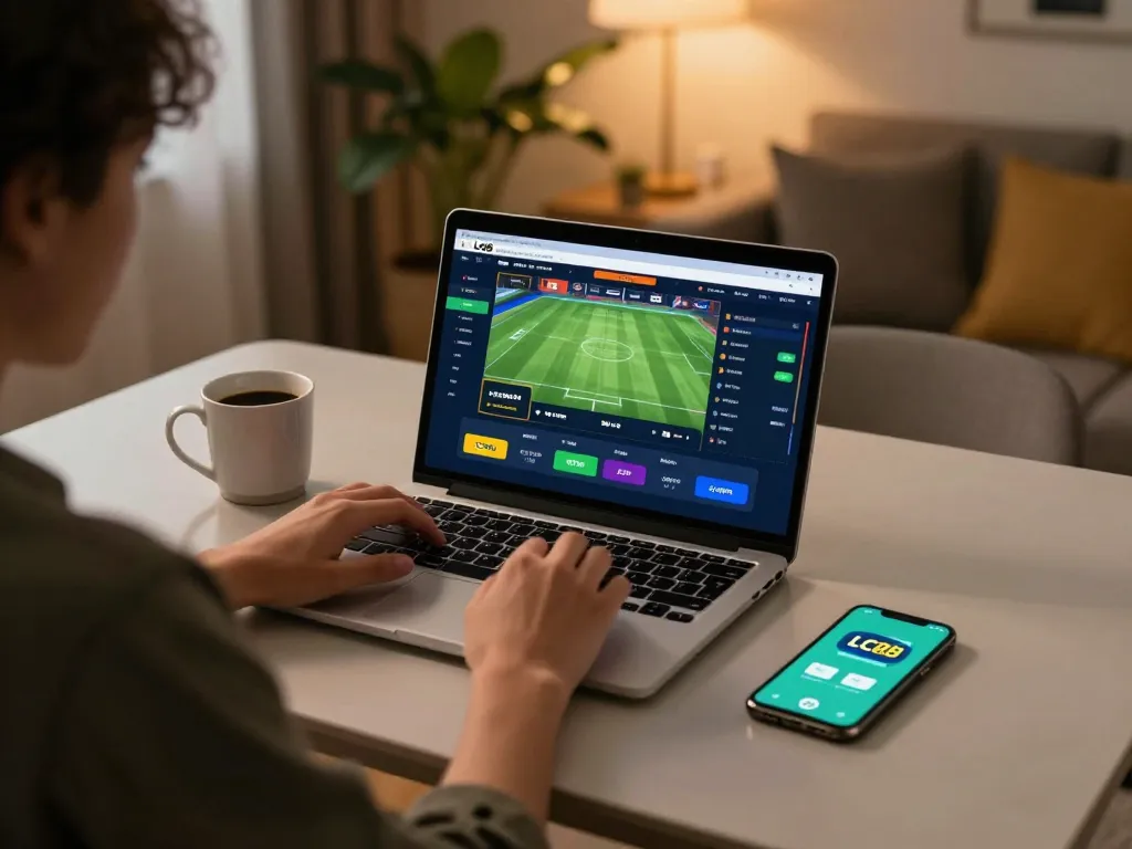 Engaging in online sports betting with LC88 on a laptop, cozy home setting, focused gameplay.