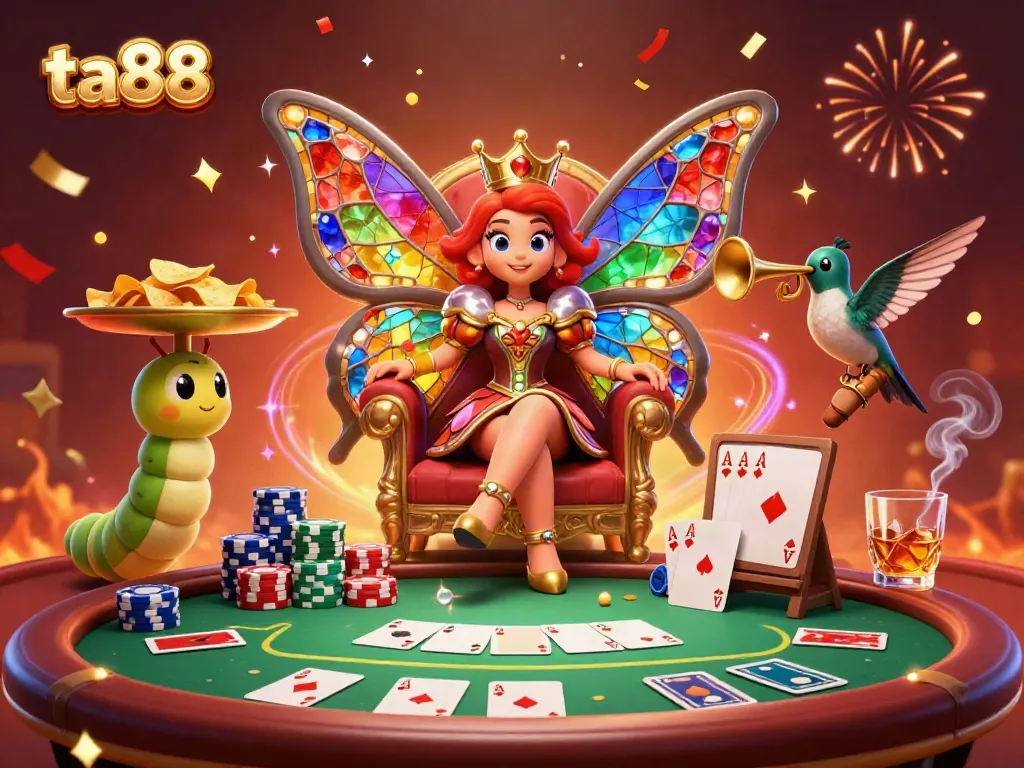 Experience the excitement of ta88 with a vibrant illustration featuring poker elements and a butterfly queen.