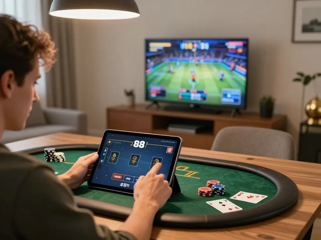 Playing RR 88 on a tablet at a modern home setup with poker chips scattered and engaging atmosphere.