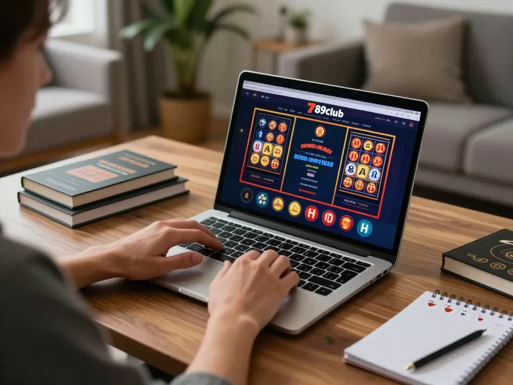 Person enjoying online gambling experience on 789club with strategy notes in a cozy setting