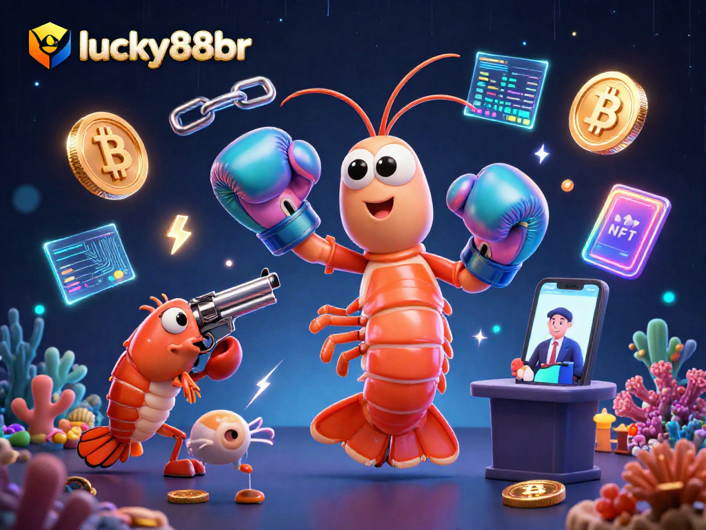 Engage with lucky88br's dynamic scene featuring vibrant characters and crypto elements in a casino setting.